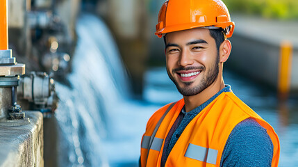 Asian man engineer, dressed in orange workwear and hard hat, checks the turbines at a hydroelectric dam, ensuring the generation of clean energy.