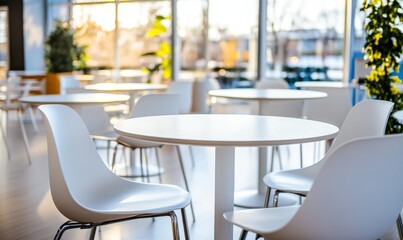 Stunning softly focused image of a bright and cosy caf&eacute; interior, lit from large windows, casting warm reflections on polished surfaces, ideal for themes related to relaxation, dining, and