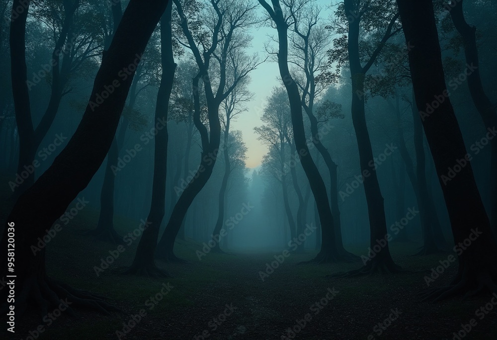 Poster a surreal forest clearing at twilight with towering trees