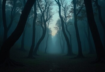 A surreal forest clearing at twilight with towering trees
