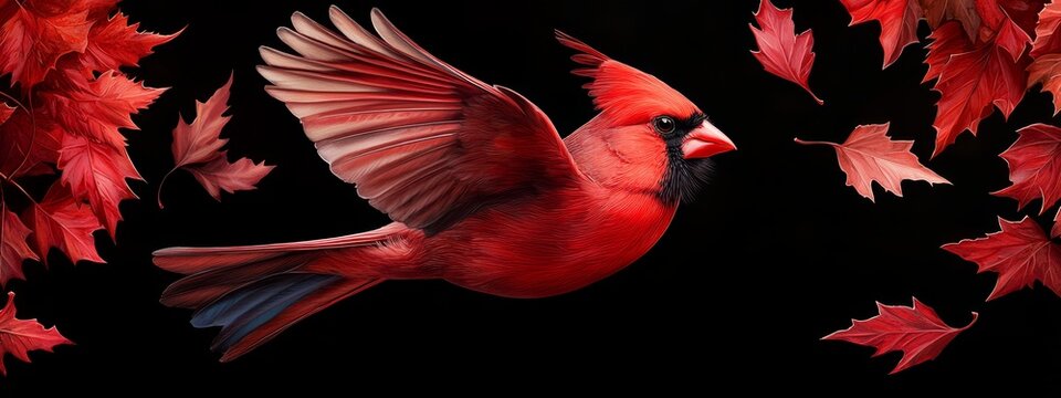  A cardinal painting in flight against a black backdrop, its vibrant red plumage contrasting with autumnal red leaves trailing behind