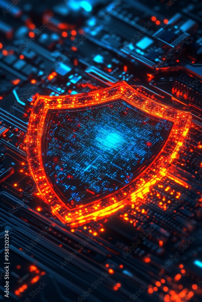 Poster the digital shield icon is based on a circuit board design with a blue and red background. it repres