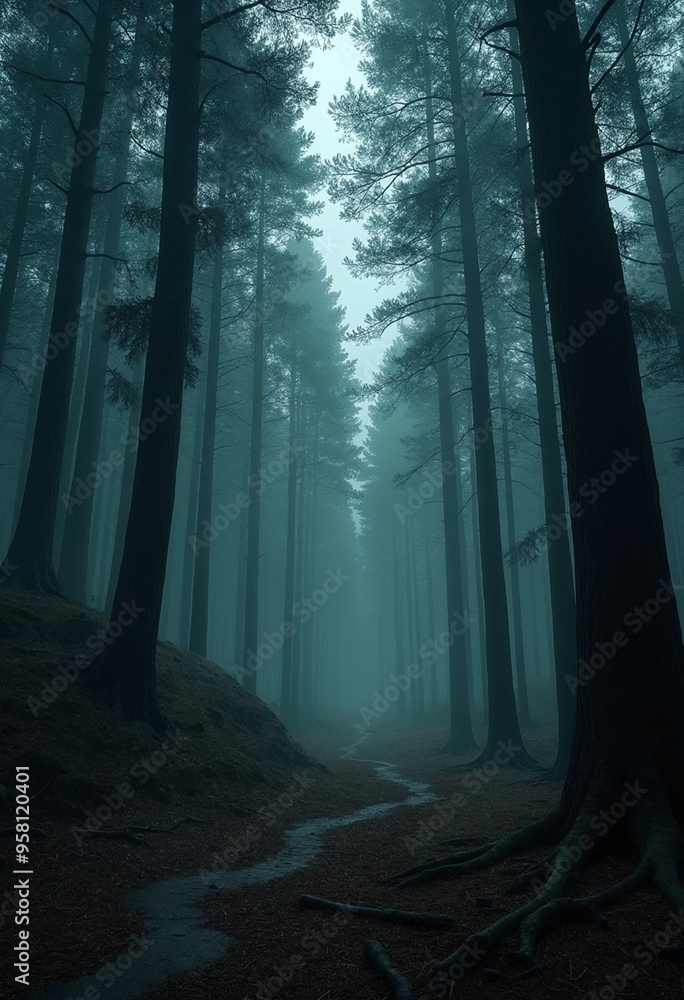 Poster a surreal forest clearing at twilight with towering trees