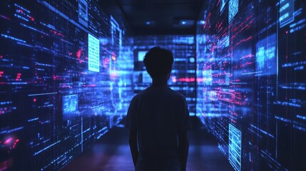 Silhouette of person in futuristic digital landscape