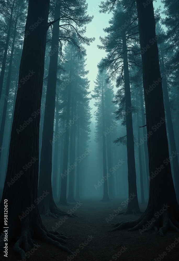 Aufkleber a surreal forest clearing at twilight with towering trees