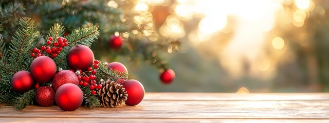  A wooden table, adorned with pine cones and red baubles, features a pine cone atop another