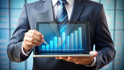 A hand of business man point to data histogram tablet illustration design