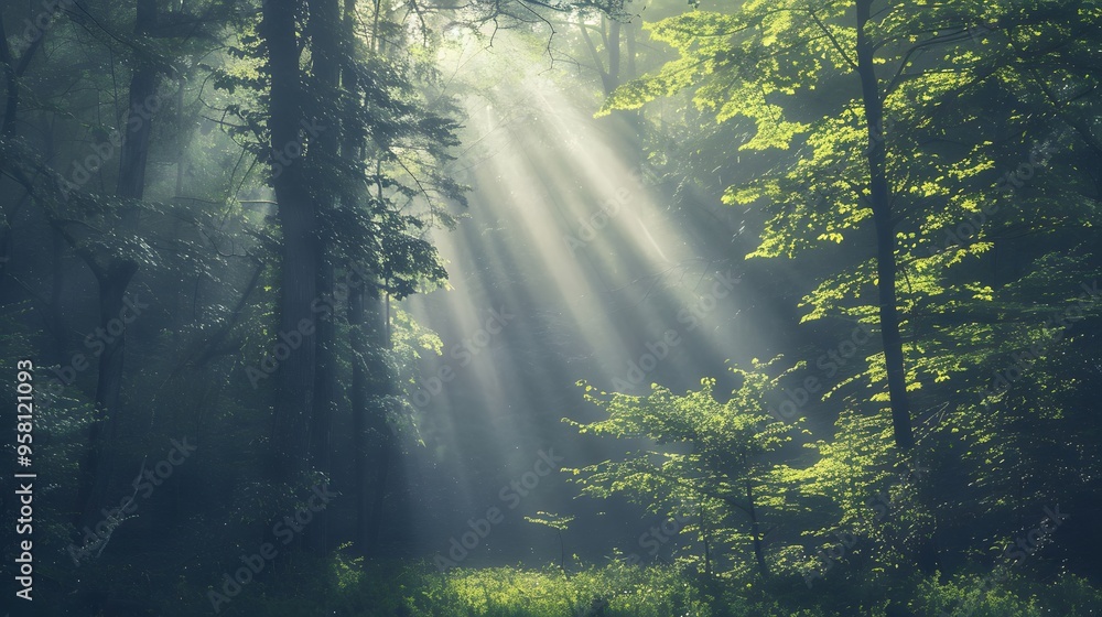 Poster the sun is shining through the trees, creating a peaceful and serene atmosphere - generative ai