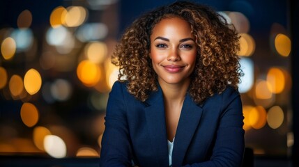 Fototapeta premium A confident black businesswoman in a stylish blazer smiles at sunset on city streets