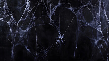 Creepy spider webs hanging from a black banner with delicate strands for Halloween decoration