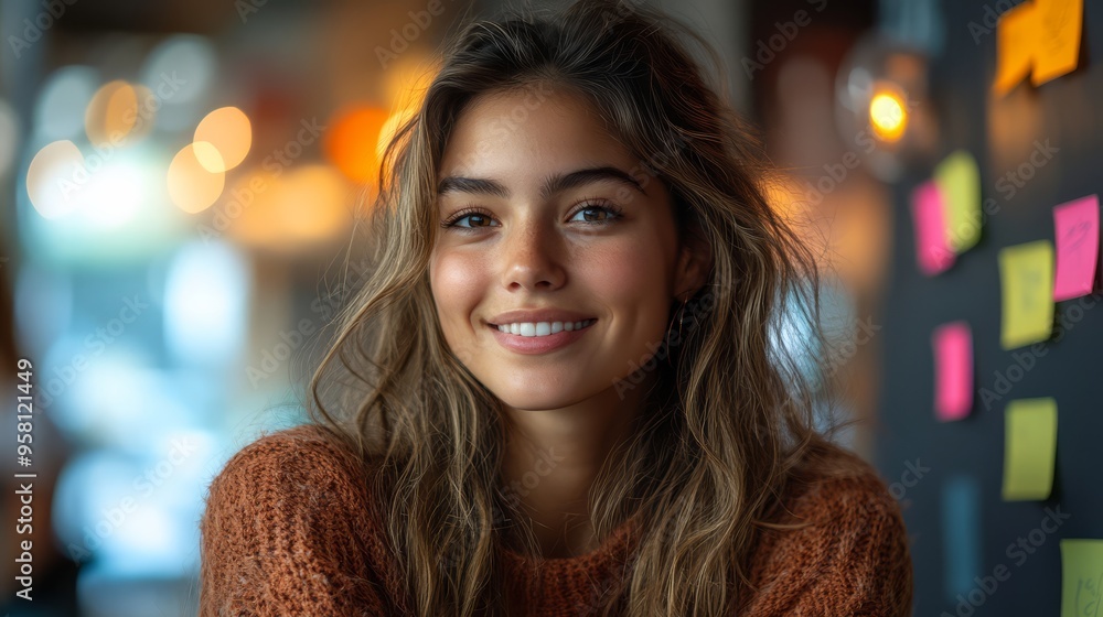 Wall mural Hispanic young woman energetically brainstorming ideas, writing on sticky notes and placing them on a wall