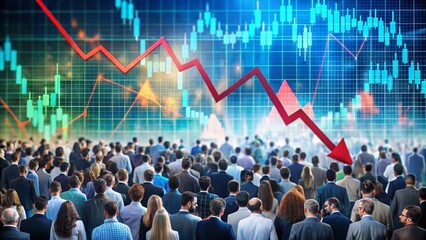 Fototapeta premium A statistics chart trending downward, surrounded by anxious people, captures the essence of financial and market turmoil