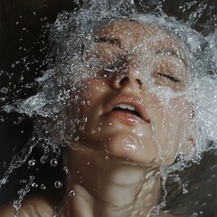 Young woman with eyes closed feeling water splashing on face