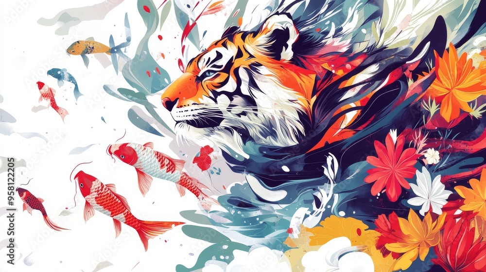 Fototapete it features auspicious animals such as tigers, cranes, and koi fish with an abstract pattern and amp