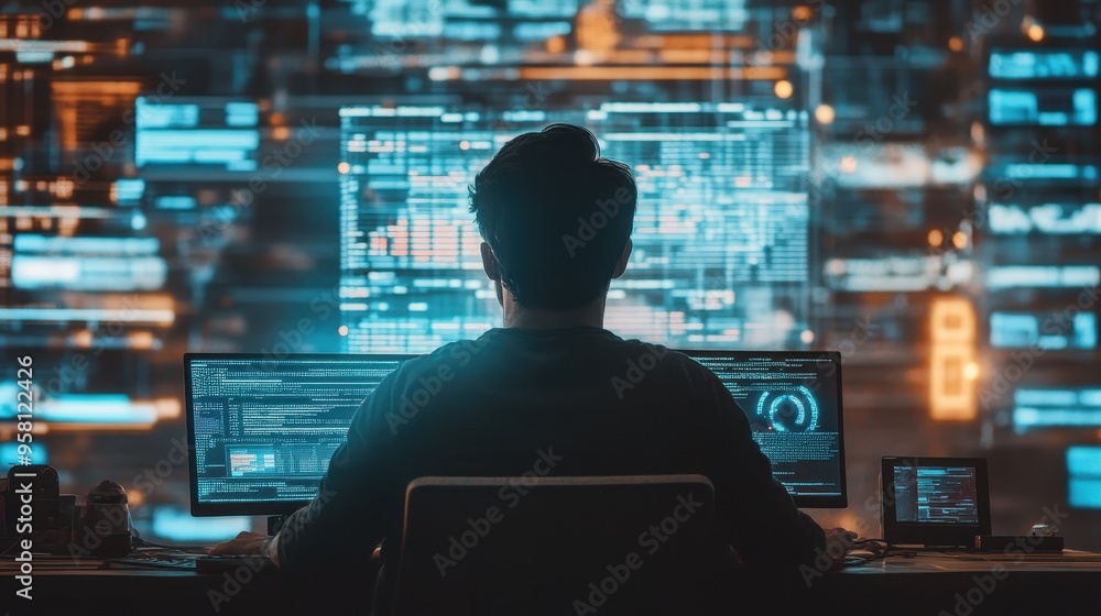Poster futuristic hacker in the digital age