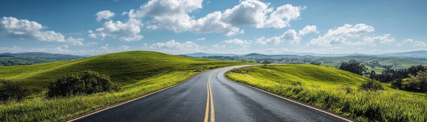 Fototapeta premium Scenic Countryside Road Curving Through Lush Green Hills Under a Bright Blue Sky with Fluffy White Clouds