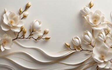 Symmetrical arrangement of white magnolia flowers with golden-hu