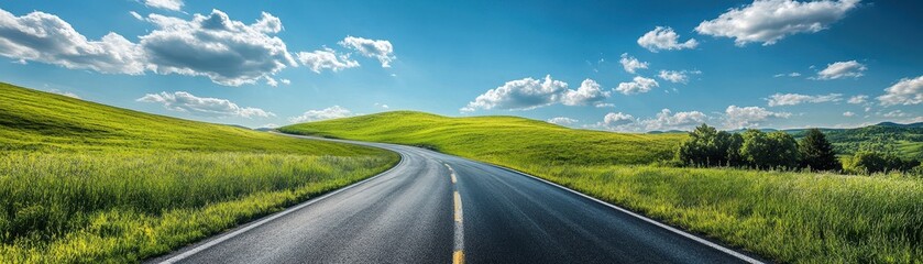Fototapeta premium Serene Countryside Road Winding Through Lush Green Hills Under a Bright Blue Sky with Fluffy White Clouds