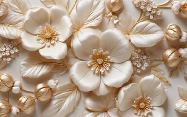 Close-up of symmetrical arrangement of white flowers and leaves