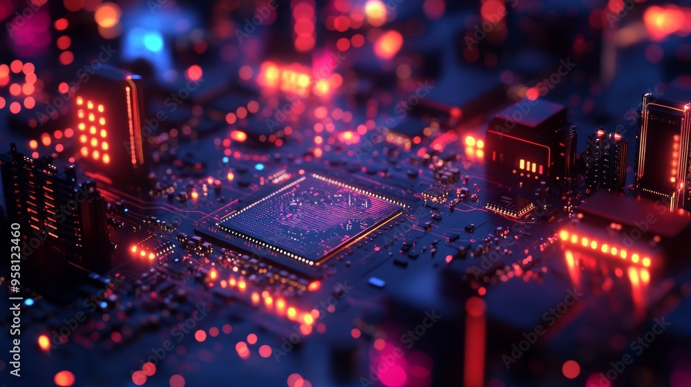 Poster the semiconductor microchip is embedded in the blue circuit board, which represents the high tech in