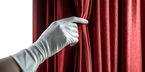 Hand in a white glove gently touching a luxurious red curtain. A close-up shot highlighting elegance and sophistication as the gloved hand interacts with the smooth, shiny red fabric, evoking a sense 