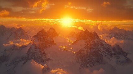 A breathtaking mountain sunrise, showcasing vibrant colors and dramatic clouds hovering over majestic peaks.