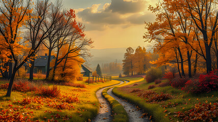 Obraz premium Beautiful autumn countryside landscape, winding dirty road and farmland over sunset sky. Sunlight over charming farmland and trees in autumn with golden brown leaves on the trees. AI gen