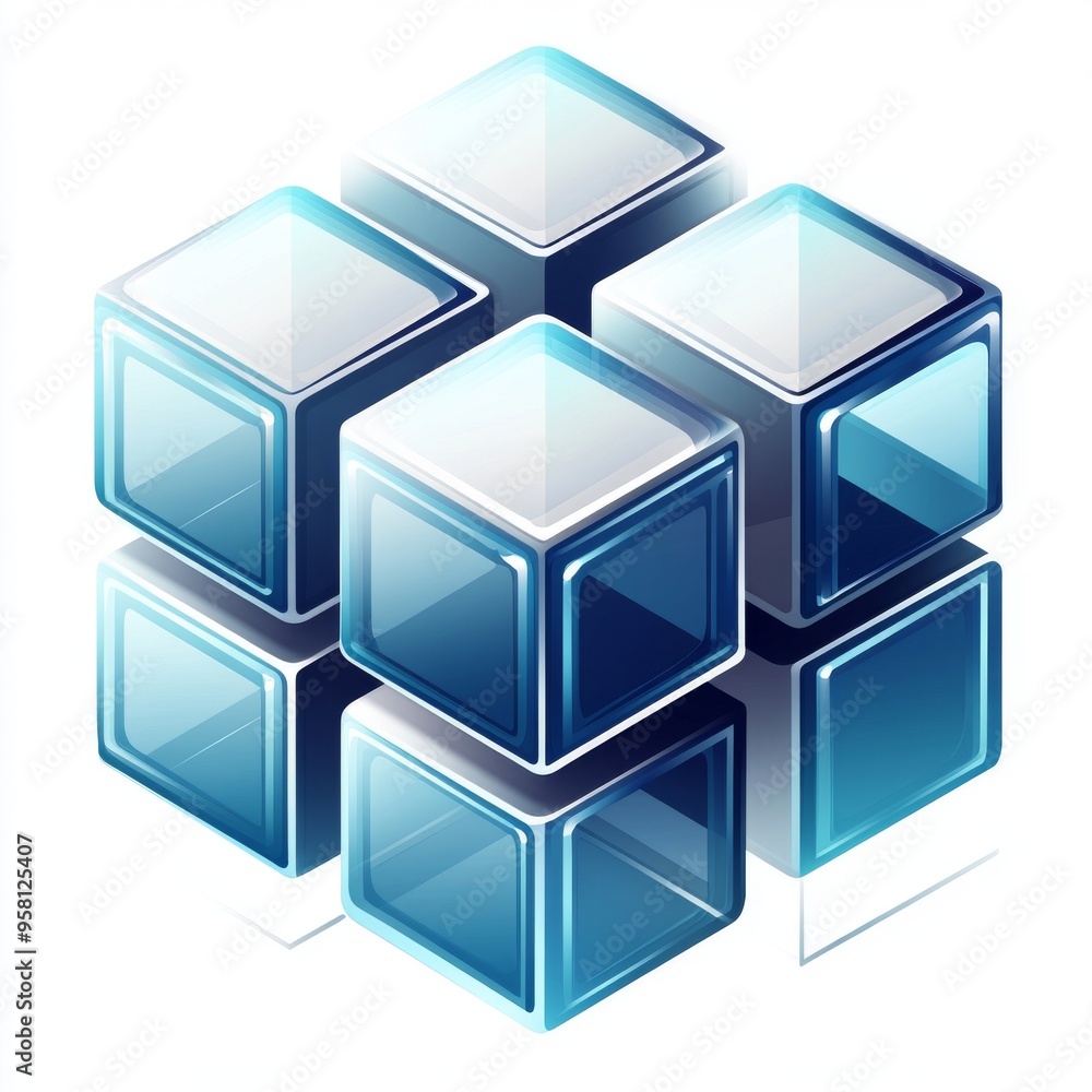 Poster an illustration of a 3d-rendered transparent cube structure with a modern, reflective design, ideal 