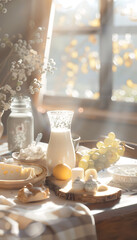 Inspiring Dairy Delight: Family savoring a nutritious breakfast spread of fresh milk, yogurt, and cheese with a focus on the essential role of dairy in daily nutrition