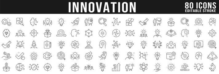 Big set of innovation related line icons. Idea, creativity, lightbulb, solution, invention etc. Editable stroke.