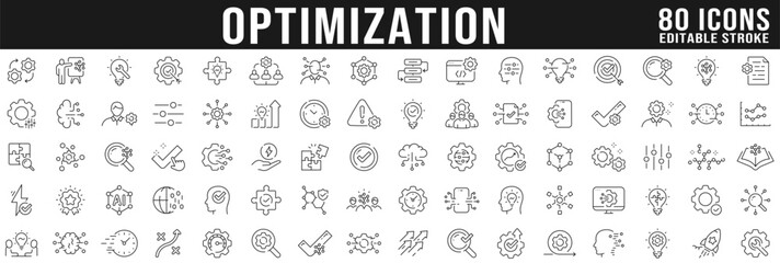 Big set of optimization related line icons. Process, automation, productivity etc. Editable stroke.