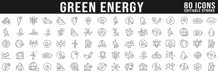 Big set of green energy line icons. Eco, power, solar, leaf, plant etc. Editable stroke © tutti_frutti