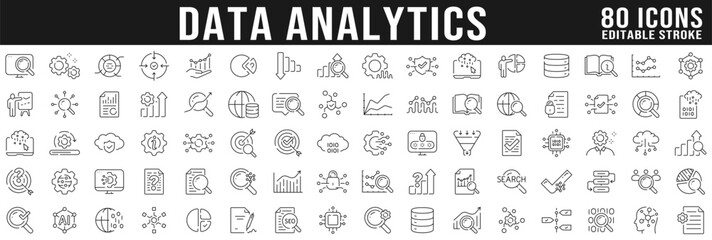 Big set of data analysis line icons. Graph, search, network, cloud, database etc. Editable stroke.