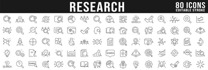 Big set of research related line icons. Analysis, search, document, graph, market, science etc. Editable stroke.