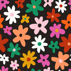 Fototapeta premium Seamless bright floral pattern. Botanical texture on black, design for fabric, apparel, digital papers. Vector illustration