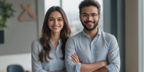 Happy Young Couple Standing in Office with Arms Crossed and Smil