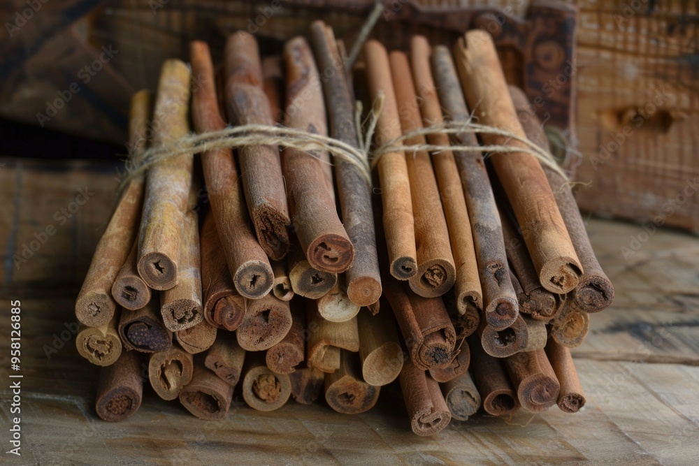 Poster bundles of cinnamon sticks tied with string are lying on a rustic wooden surface
