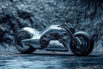 A futuristic bobber motorbike set against grey stone wall.