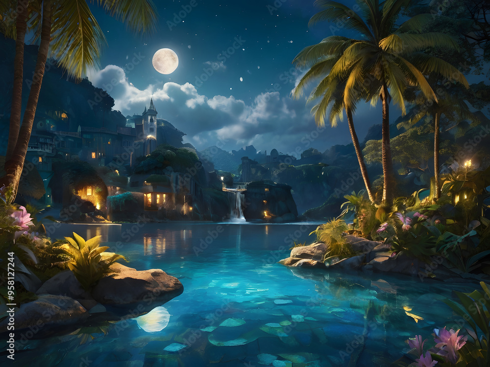 Poster fantasy landscape with palm trees and a waterfall at night. 3d rendering is generated by ai