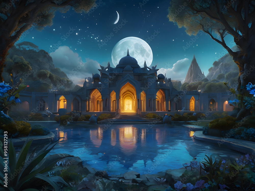 Poster fantasy landscape with palm trees and a waterfall at night. 3d rendering is generated by ai