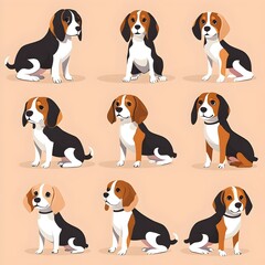 Charming Cartoon Style Beagle Dogs in Variety of Breeds on Pale Peach Background