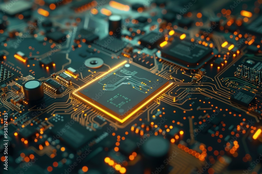 Poster close up shot of a modern cpu processor on a circuit board, with glowing tracks representing data fl