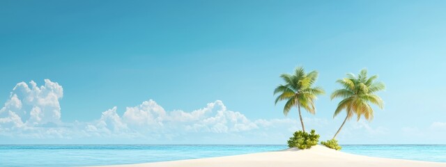  Two palm trees on an isolated island amidst the ocean's expanse, against a backdrop of a tranquil blue sky adorned with fluffy clouds