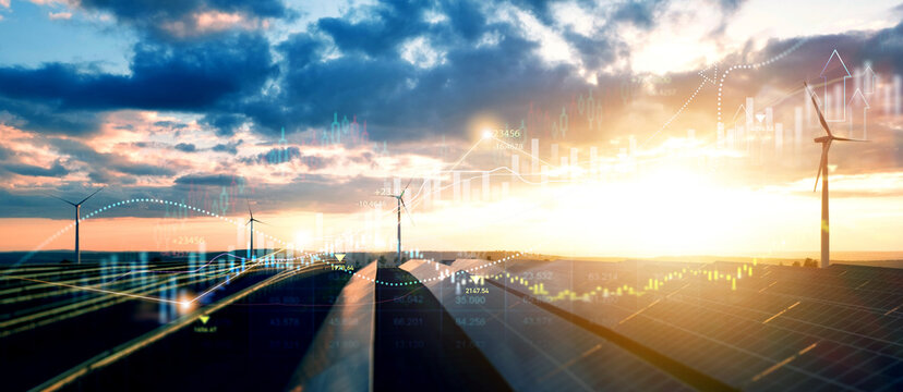 Photovoltaic power station with double exposure of digital financial chart graphs and stock market.Increase or rising in electricity prices on the world market. Green energy in full development.