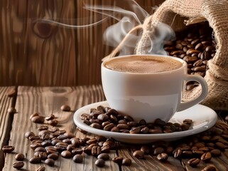 taza de café sobre mesa rústica y granos de café