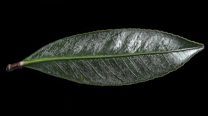 A camellia leaf, small, dark green, and glossy with a finely serrated edge