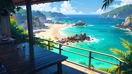 Tropical beach restaurant on a sunny day. 3d rendering is generated by AI