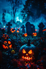 Enchanted Halloween Night: Spooky Ceremony in a Haunted Graveyard with Glowing Jack-o'-Lanterns Creating an Eerie Atmosphere