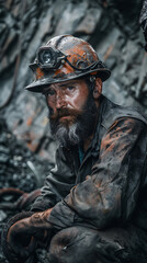Fototapeta premium Resilient Miner in Hardhat Glowering in Unrefined Underground Tunnel