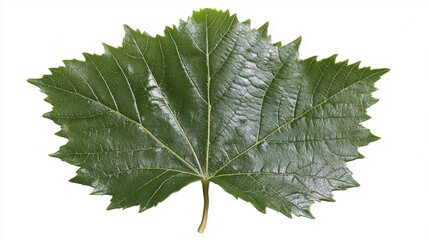 A grapevine leaf, broad and lobed with a slightly serrated margin, in deep green